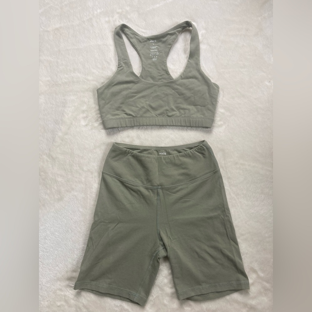 Mate the Label Organic Stretch Bra and Biker Shorts Set- size small, sage